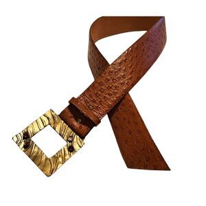 Elaine Coyne Vintage Brown Ostrich Leather Belt with Gold Buckle waist 25"-30"